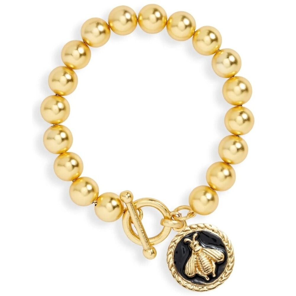 NWT Karine Sultan Black Enamel Bee Coin Charm Ball Chain Bracelet 24K Gold
